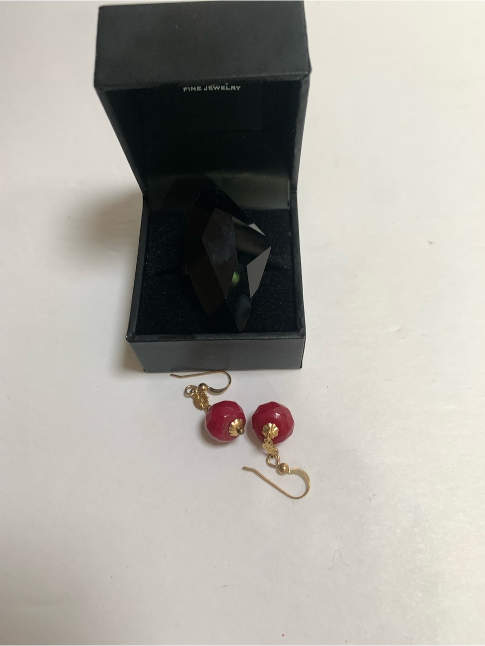 Costume Jewelry Lot - Red Bead Dangle Earrings & Black Stone Ring